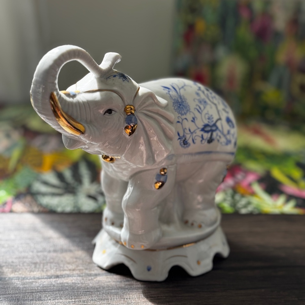 Elegant White and Blue Porcelain Elephant